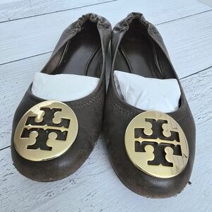 Tory Burch Reva Brown Leather Ballet Flats with Gold Logo Accent SIZE 7.5